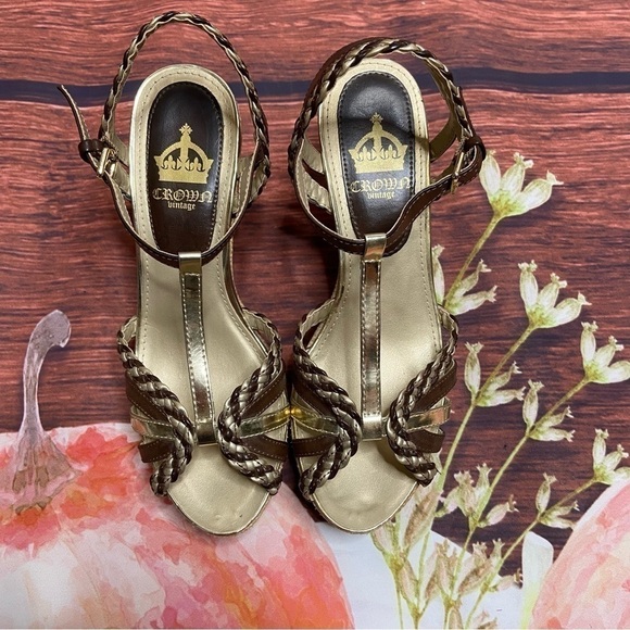 CROWN VINTAGE Brown And Gold Platform Wedge Shoes 7M - Picture 7 of 7